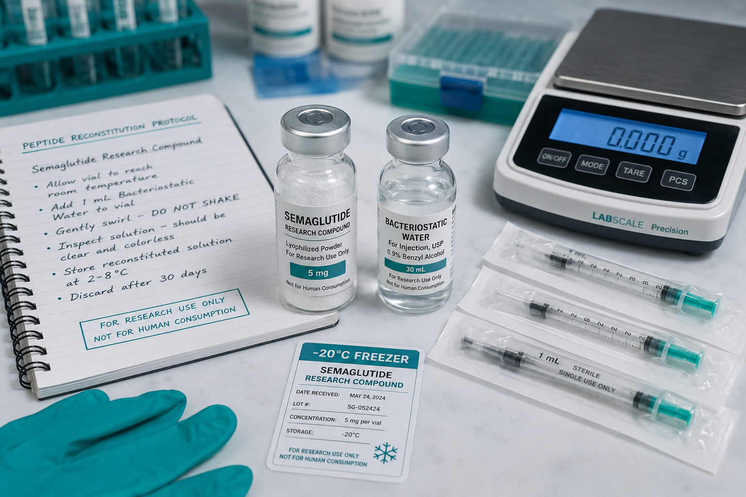 Detailed () overhead flat-lay photograph of a laboratory bench setup for peptide reconstitution: lyophilised powder vial