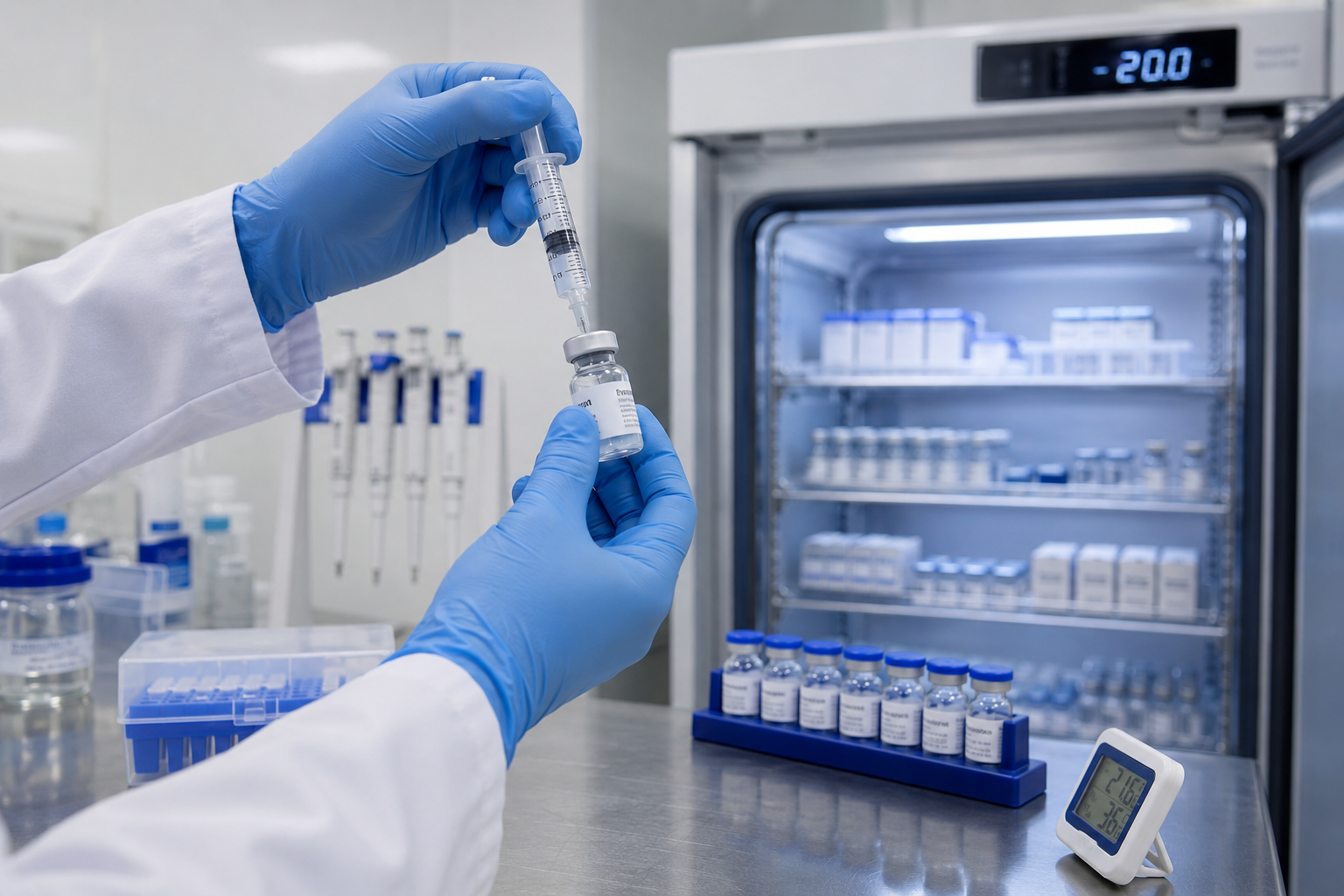 () laboratory workspace scene showing proper tirzepatide research compound handling and storage protocol. Foreground: a