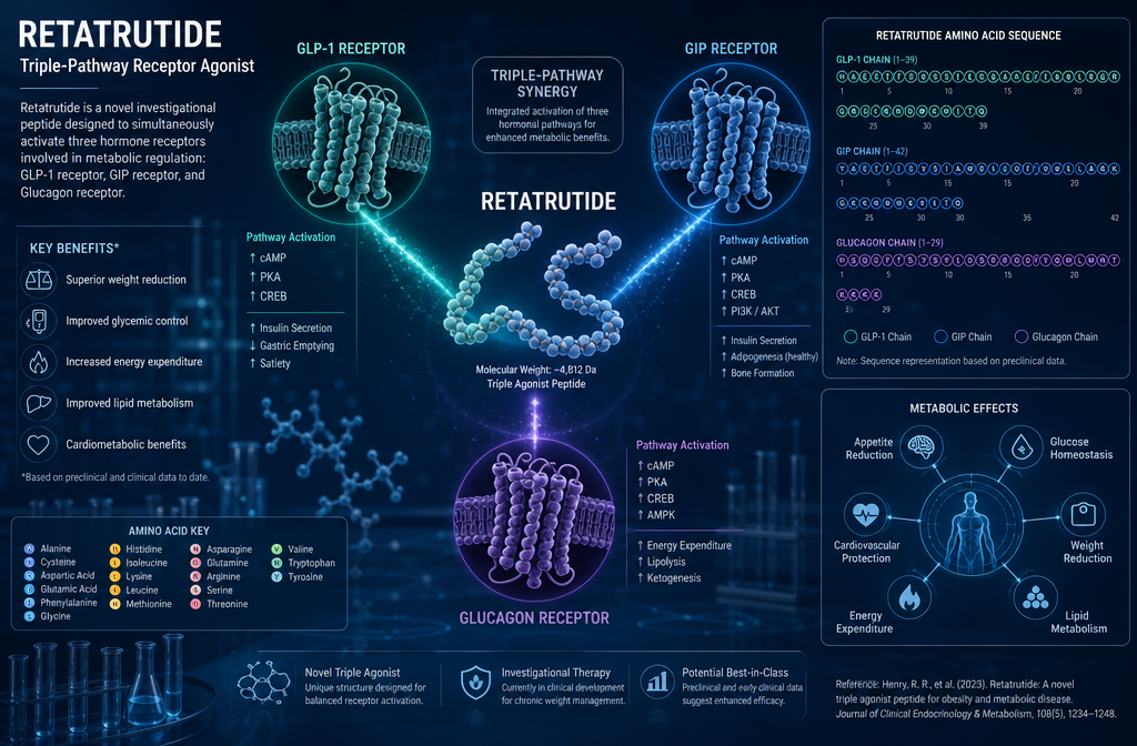 Detailed () scientific illustration showing a triple-pathway receptor activation diagram: three distinct receptor icons