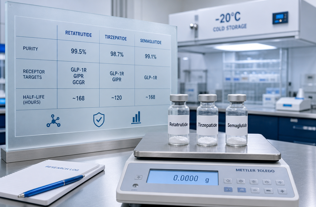 Detailed () showing a professional laboratory comparison scene: three clearly labeled research vials on a precision