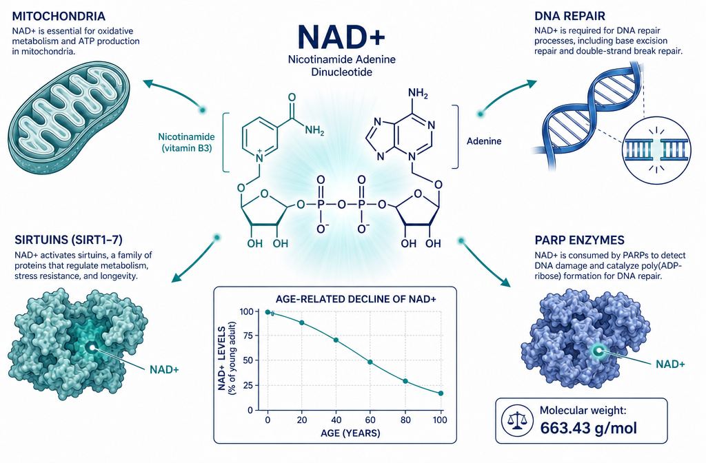 Detailed () scientific infographic illustration showing the NAD+ metabolic pathway: a central glowing NAD+ molecular