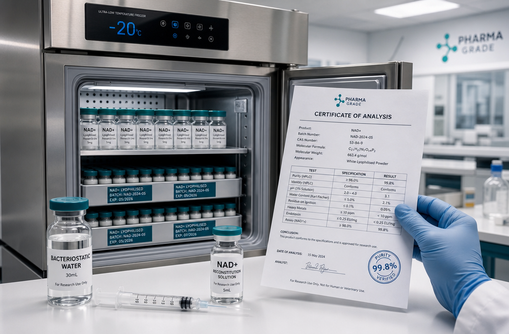 Detailed () showing a professional laboratory storage and handling scene: a stainless steel laboratory freezer set to -20°C