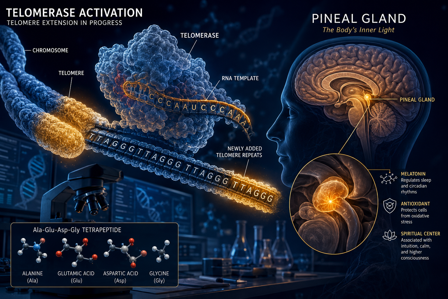 Detailed () scientific illustration showing a close-up cross-section diagram of a telomere strand being extended by