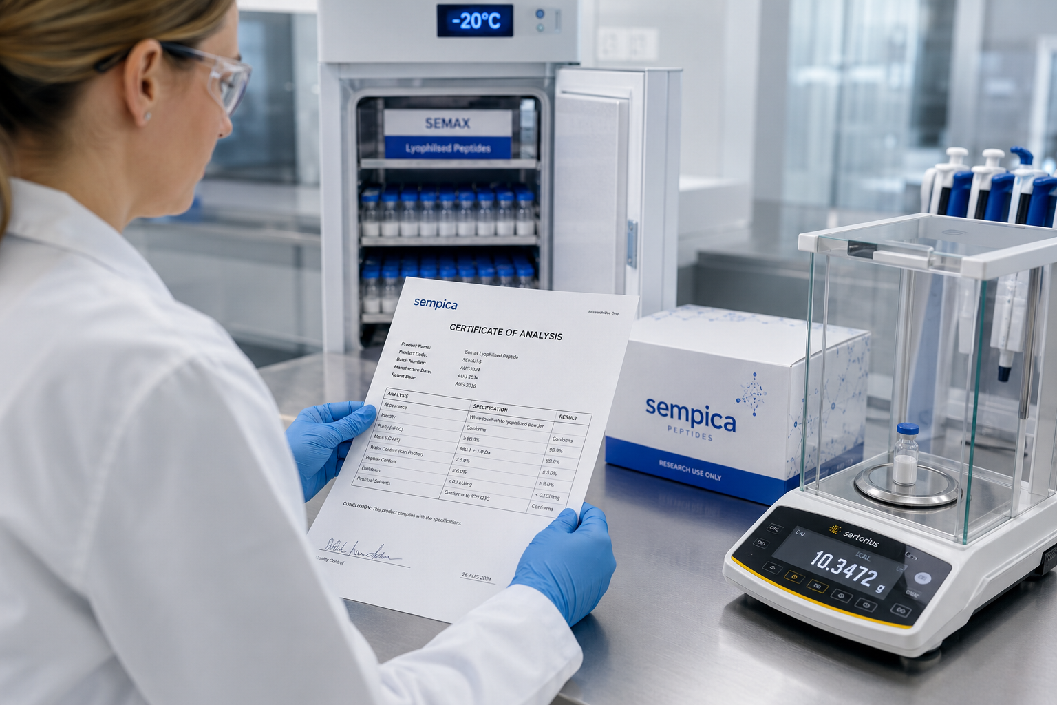Detailed () showing a professional laboratory quality control workflow: a researcher in white lab coat examining a