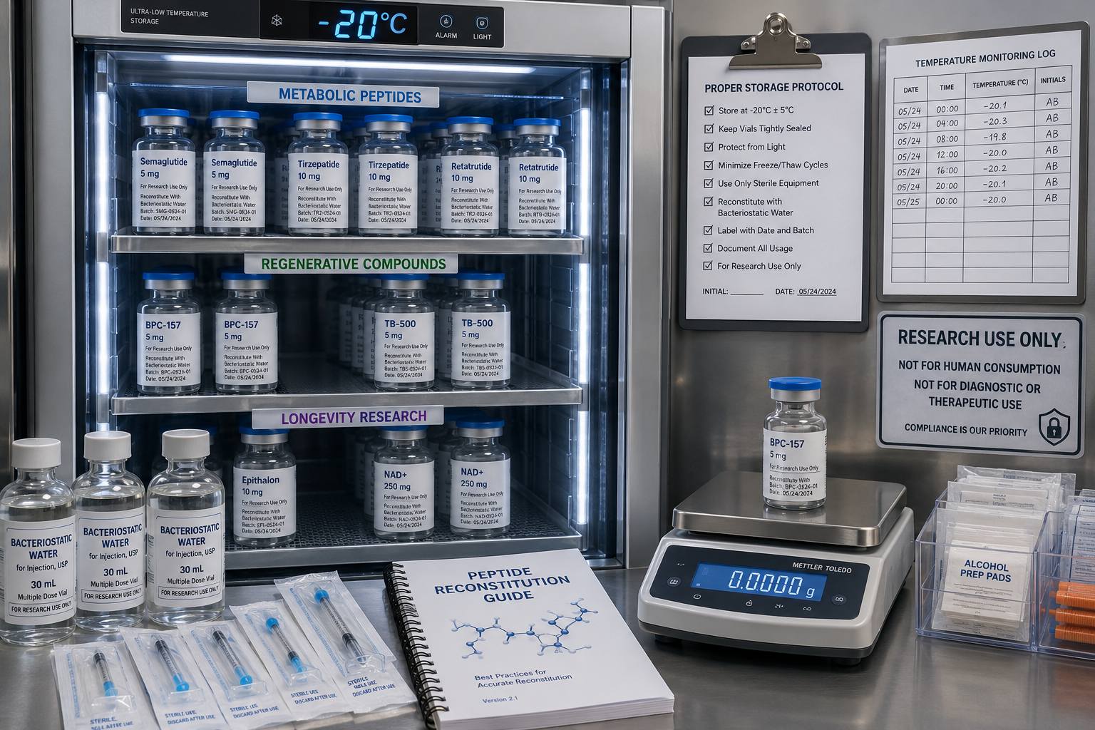 Wide () image depicting organized research laboratory storage system with temperature-controlled refrigeration unit