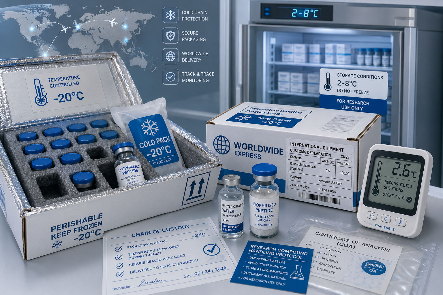 () secure shipping and storage visualization showing temperature-controlled packaging with -20°C indicator, lyophilised